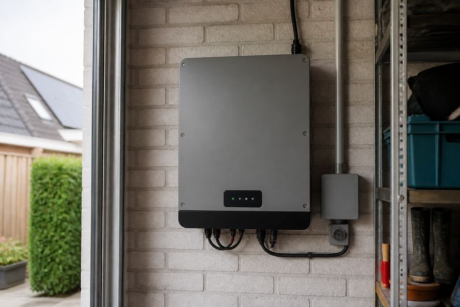 Zonnepaneel-omvormer aan de muur in een bijkeuken of garage.