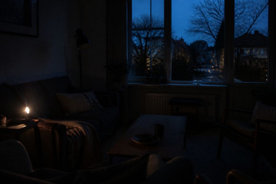 Gedimde woonkamer bij een storing: slechts één lamp brandt nog.