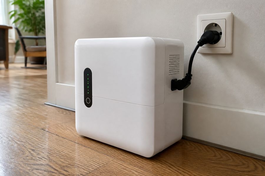 Stekkerbatterij aangesloten op een stopcontact in een Nederlandse woning.