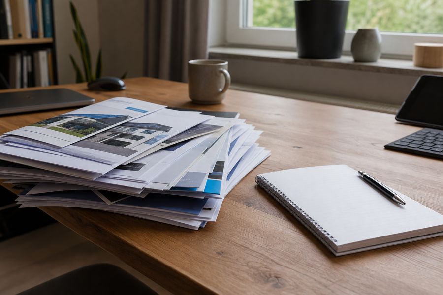 Stapel offertes en brochures op een bureau: kopen zonder eerst je cijfers te kennen.