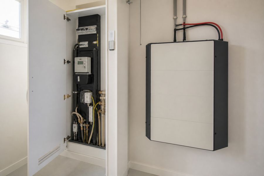 Netjes geplaatste muurbatterij naast een meterkast: product en installatie horen bij elkaar.