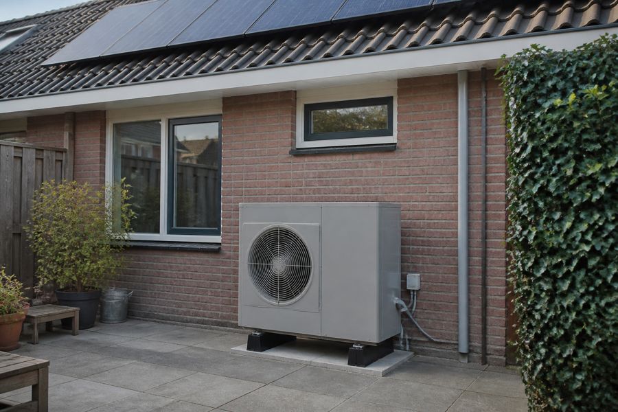 Warmtepomp-buitenunit tegen een muur met zonnepanelen op het dak.